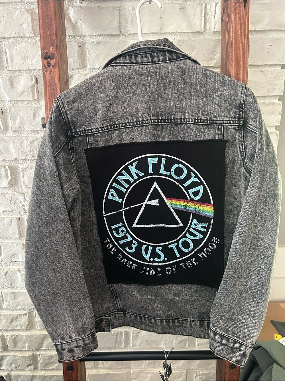 Black & Gray Acid-Wash Denim Jacket with Pink Floyd Back Patch